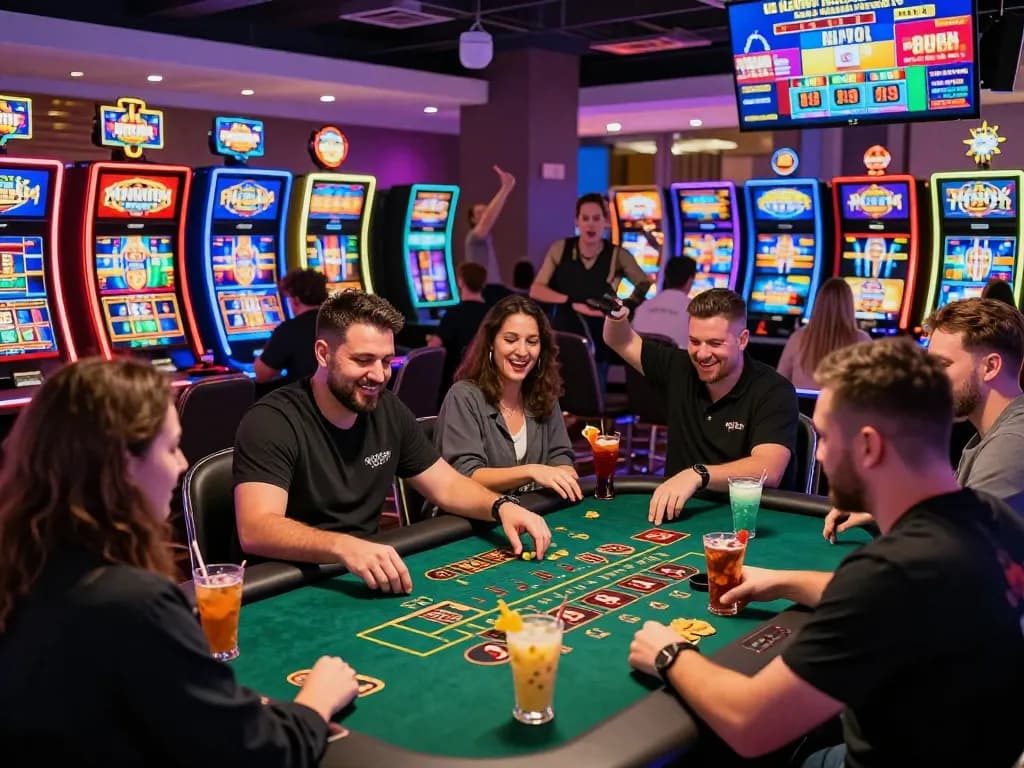 Alev casino kumar lively gaming scene featuring diverse players at tables enjoying blackjack and slot machines with excited atmosphere.