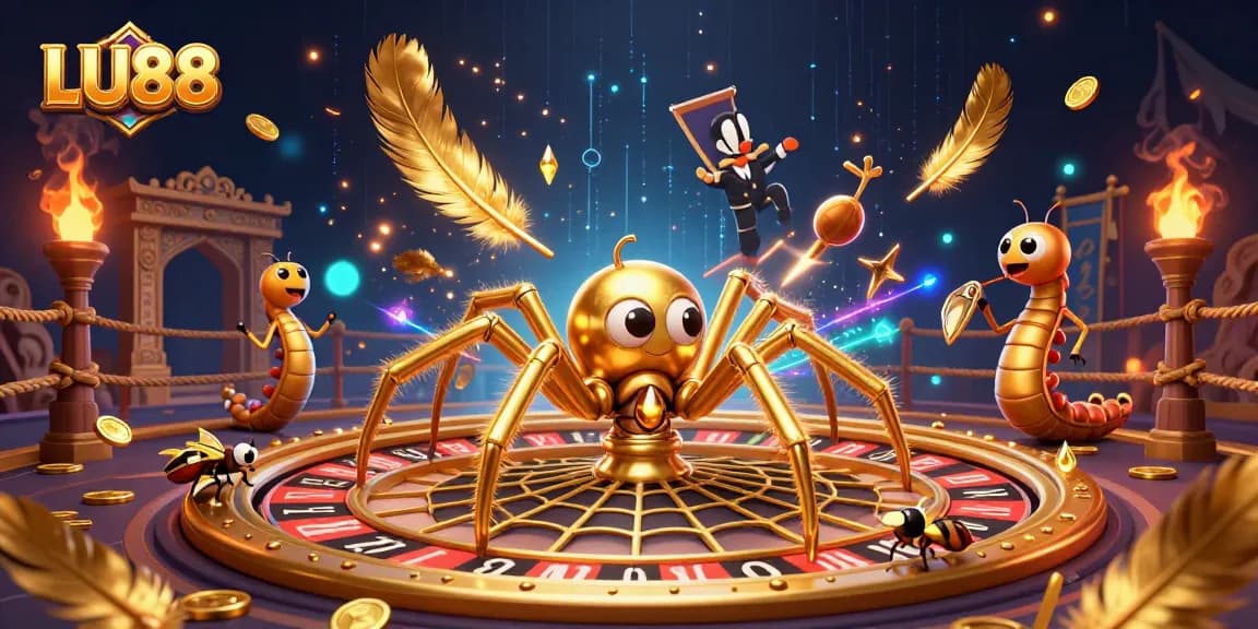 LU88 golden spider spins a roulette web, creating a vibrant casino atmosphere.