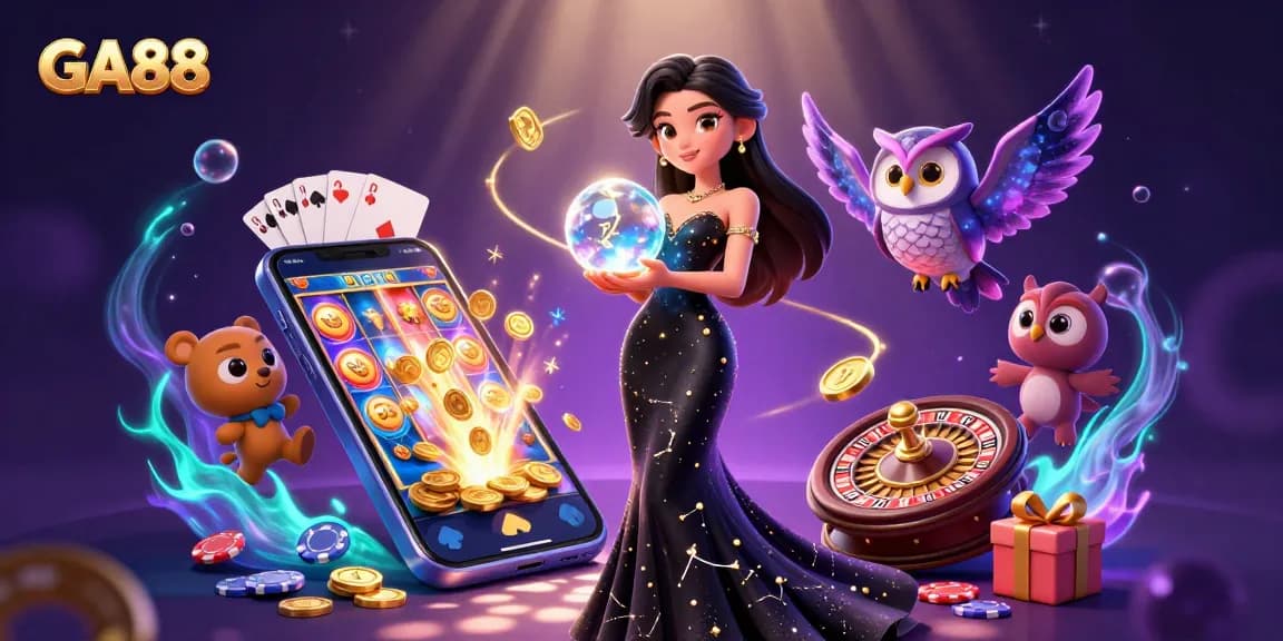 Engage in winning strategies at GA88 with a dynamic 3D casino scene featuring lucky symbols and rewards.