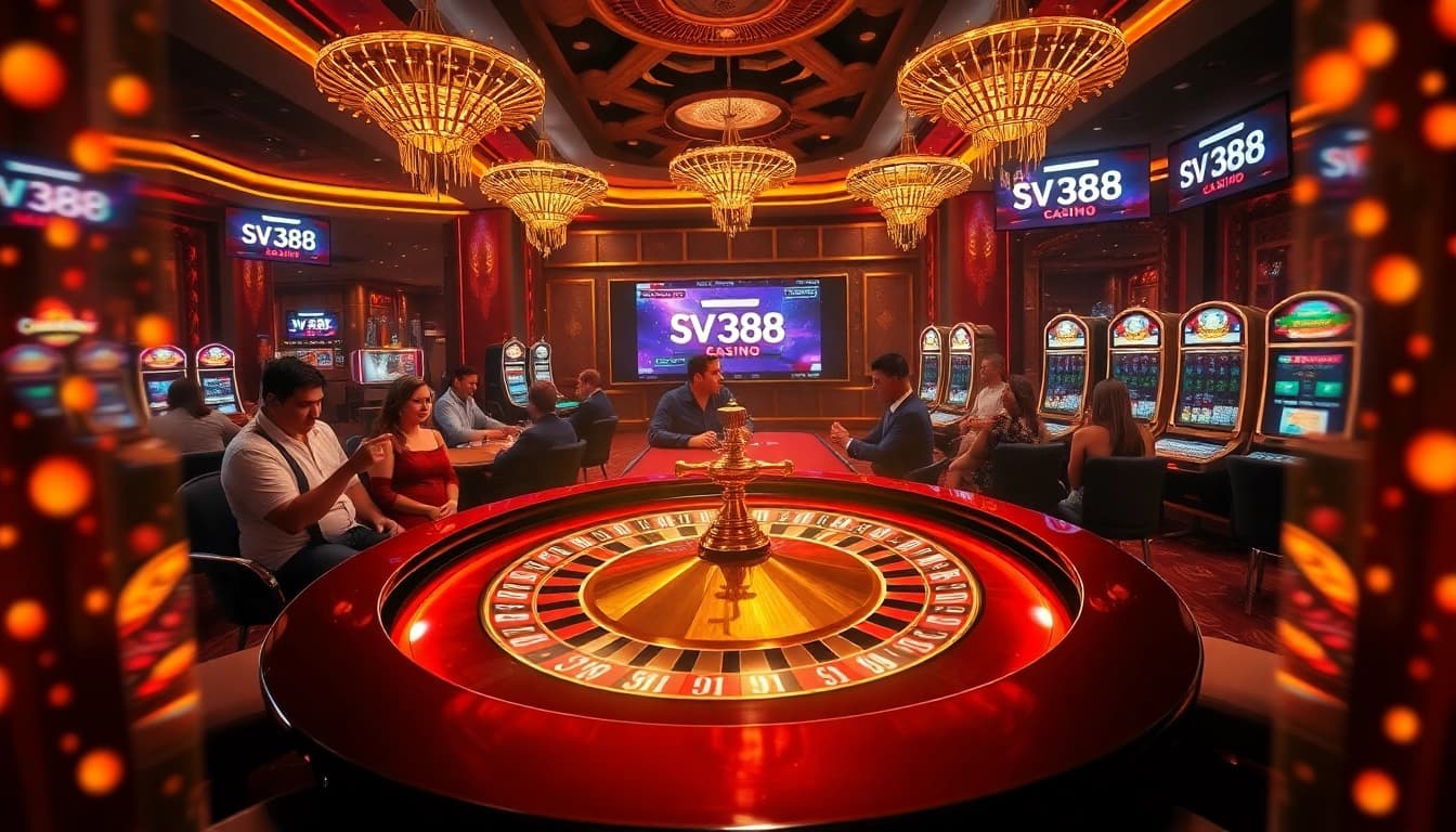 Players engaging at a luxurious casino table with sv 388 branding, showcasing excitement and strategy.