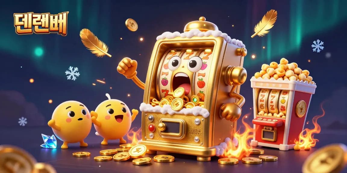 Engaging scene featuring 텐텐벳's golden slot machine hitting a jackpot, cheerful baby slots, and a popcorn machine.