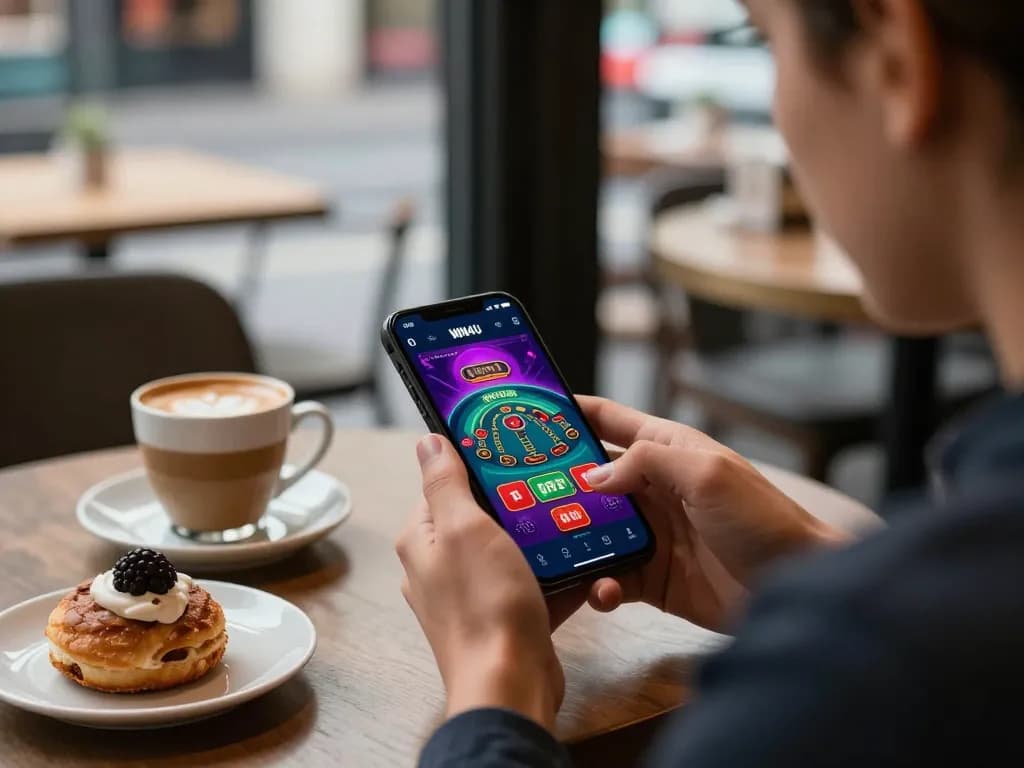 Player using WIN4U app on smartphone at café table, engaged in online blackjack with vibrant interface.