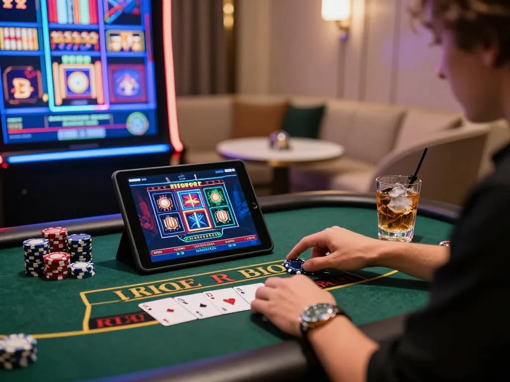 Alev casino kumar player enjoying live blackjack on a tablet with vibrant slot machine graphics in a luxurious gaming environment.