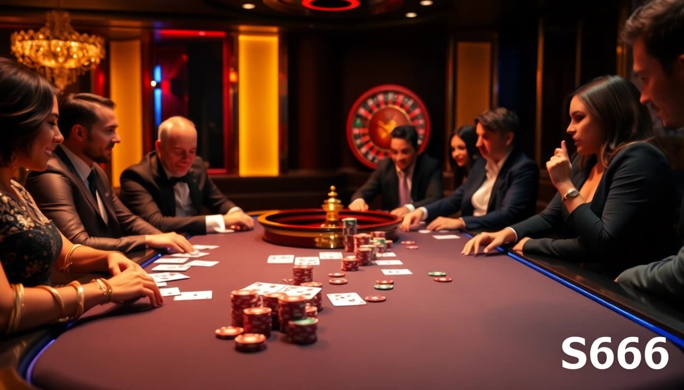Players at a luxurious S666 casino poker table enjoy high-stakes action with vibrant chips and cards.