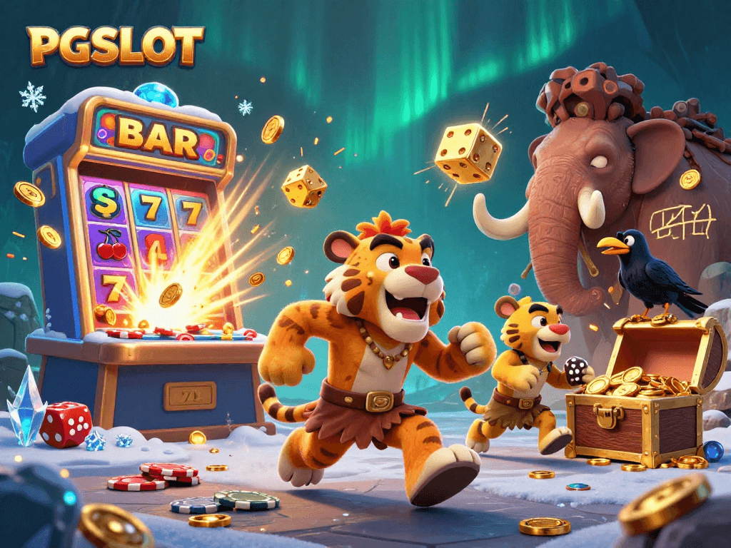 Experience PGSLOT with this vibrant cartoon casino scene featuring dynamic slot machines and exciting game elements.