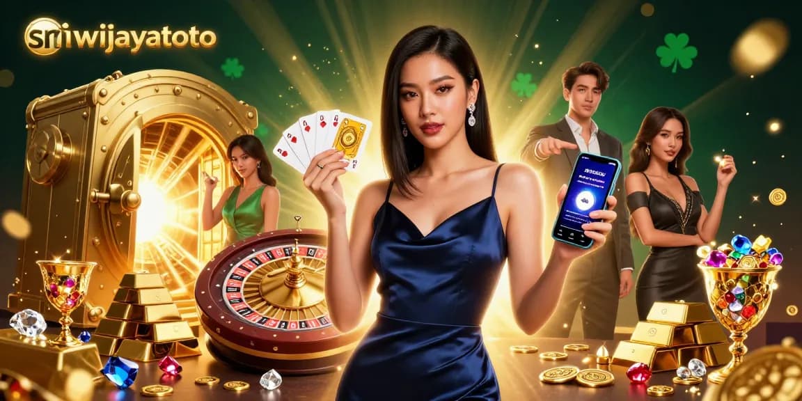 Sriwijayatoto showcases a glamorous Asian woman engaging with casino gaming, featuring vibrant elements.