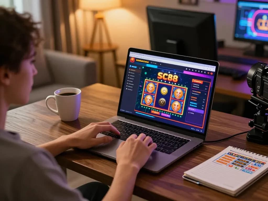 Person engaging with online SC88 casino games on a laptop in a cozy home setting.