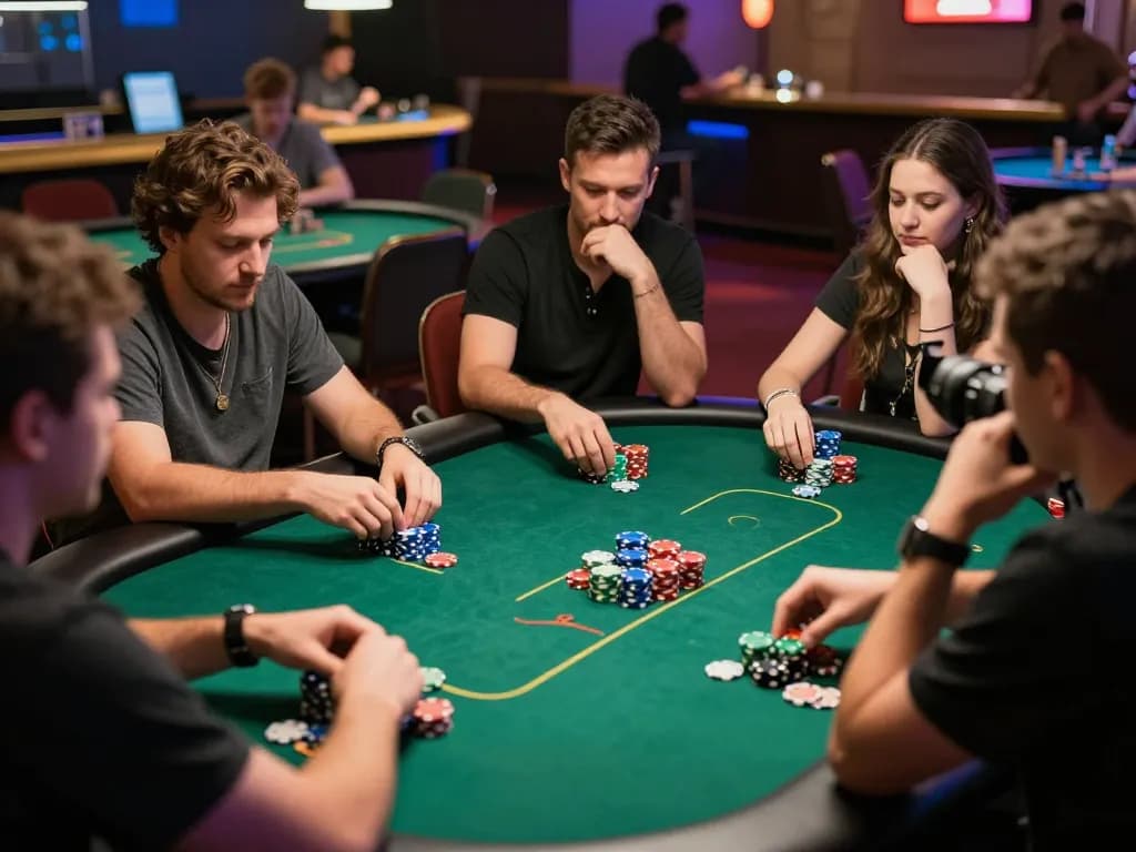 Pemain terlibat dalam poker berisiko tinggi di meja kasino yang ramai, menangkap esensi pengalaman pakibanks