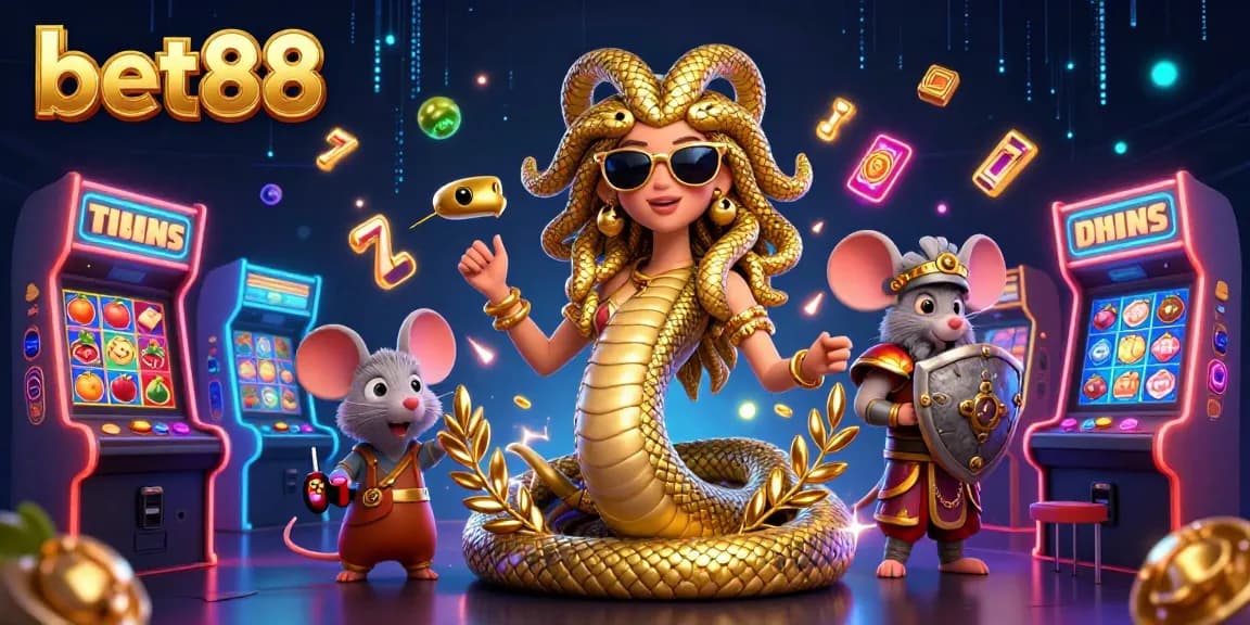 Engage in thrilling casino adventures with bet88 featuring Medusa and a warrior mouse in a vibrant 3D gaming scene.
