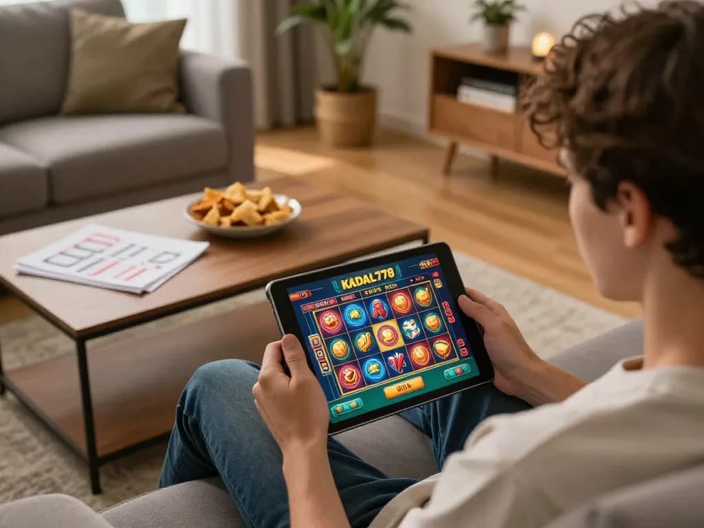 KADAL778 player enjoying an engaging online gaming session on a tablet in a cozy home setting