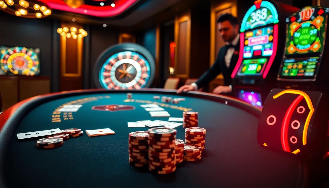 Intense gambling action at J88's luxurious poker table with vibrant chips and cards.