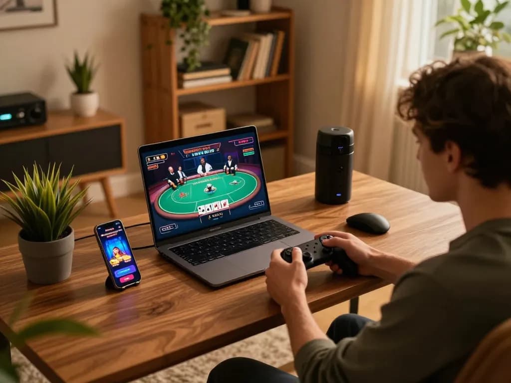 Player enjoying online poker at home using 789f, immersed in gameplay with laptop and smartphone nearby.