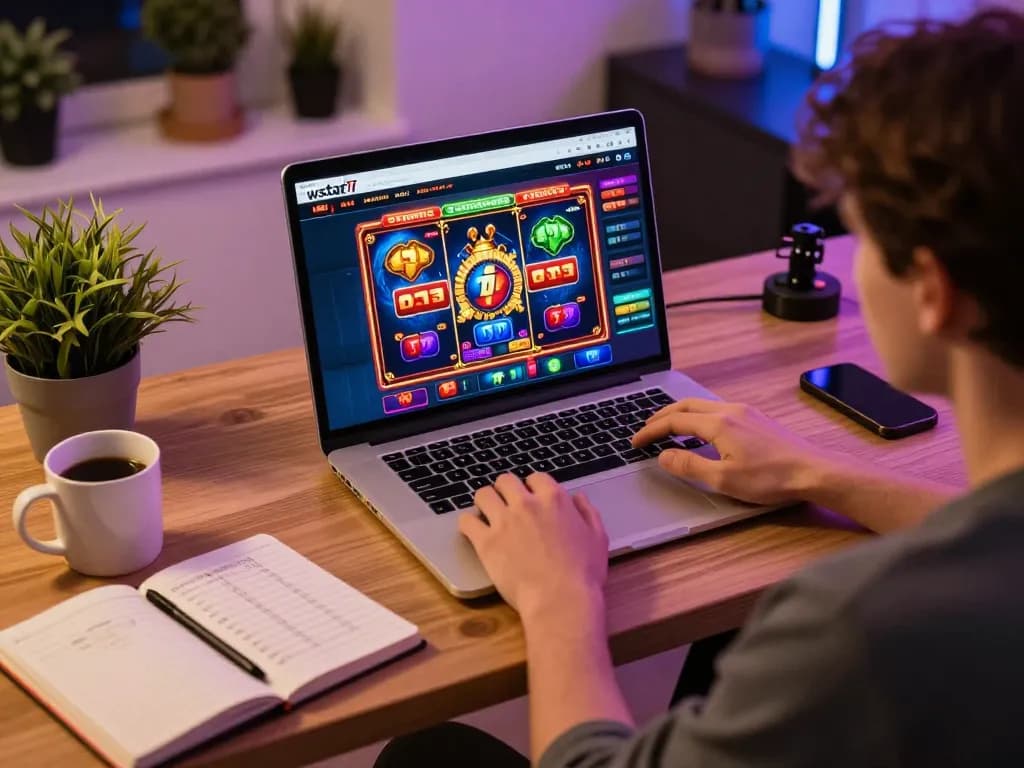 wstar77 player engaged with online slots game from a stylish home office setup.
