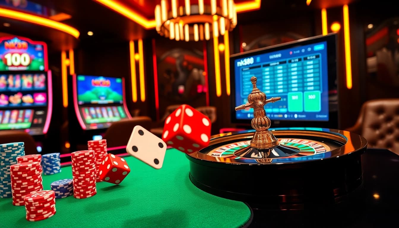 Engage with nk88 online casino gaming featuring poker chips, roulette wheel, and slot machines
