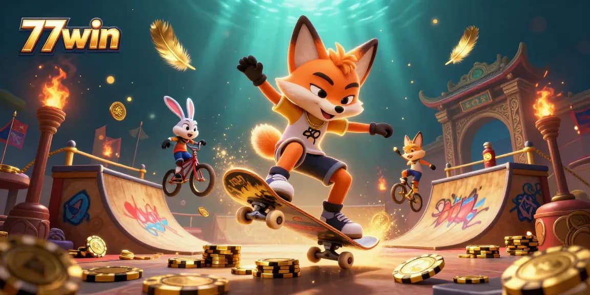 Experience the thrill of 77win with vibrant gambling graphics and dynamic characters in action.