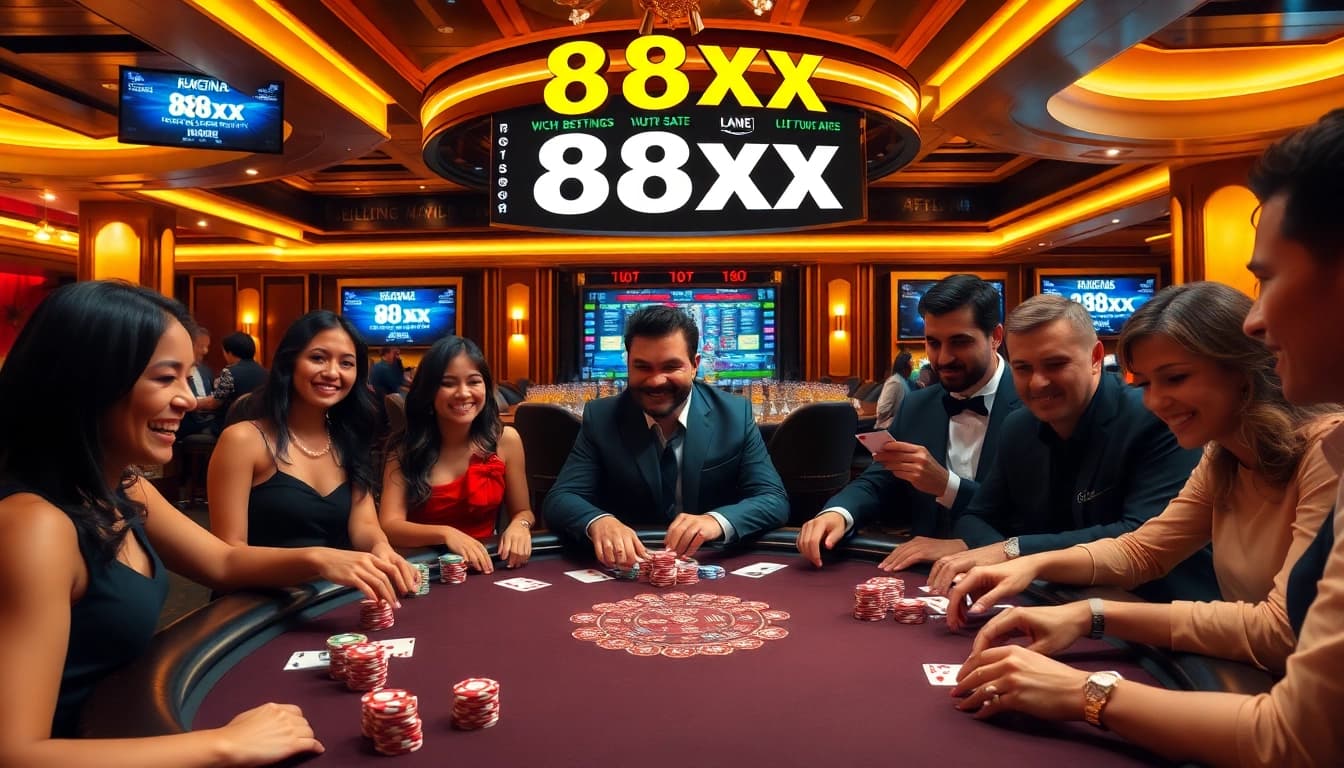 A vibrant poker game scene at 88xx casino highlighting intense gameplay with diverse players and colorful chips.