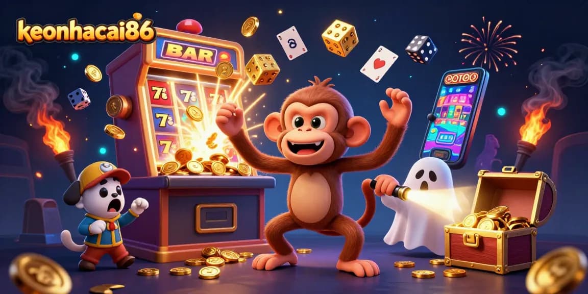 Experience the thrill of keonhacai86 with a playful ghost-hunter puppy tracking the mischievous monkey in a vibrant casino scene.