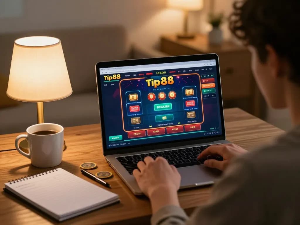 Playing on tip88 online casino with vibrant interface and strategy notes in a cozy home setting.