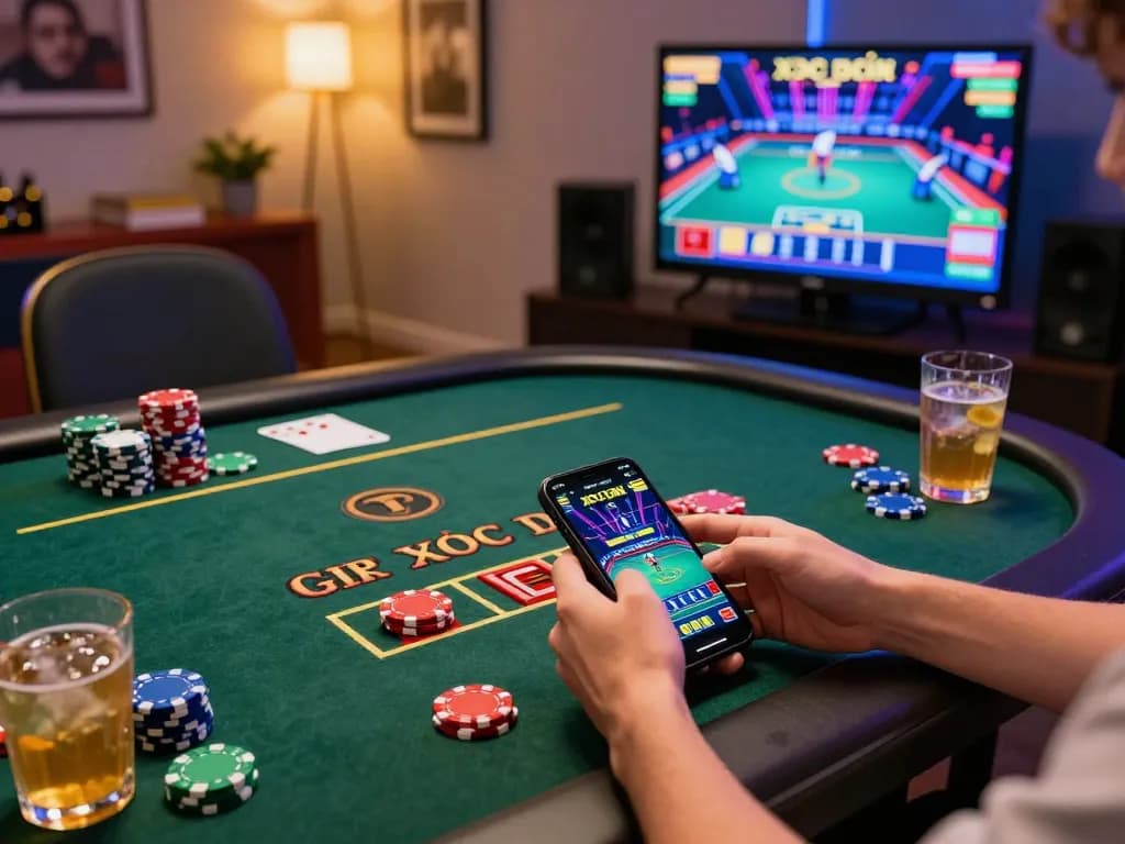xóc đĩa game interface displayed on a smartphone with colorful chips on the table