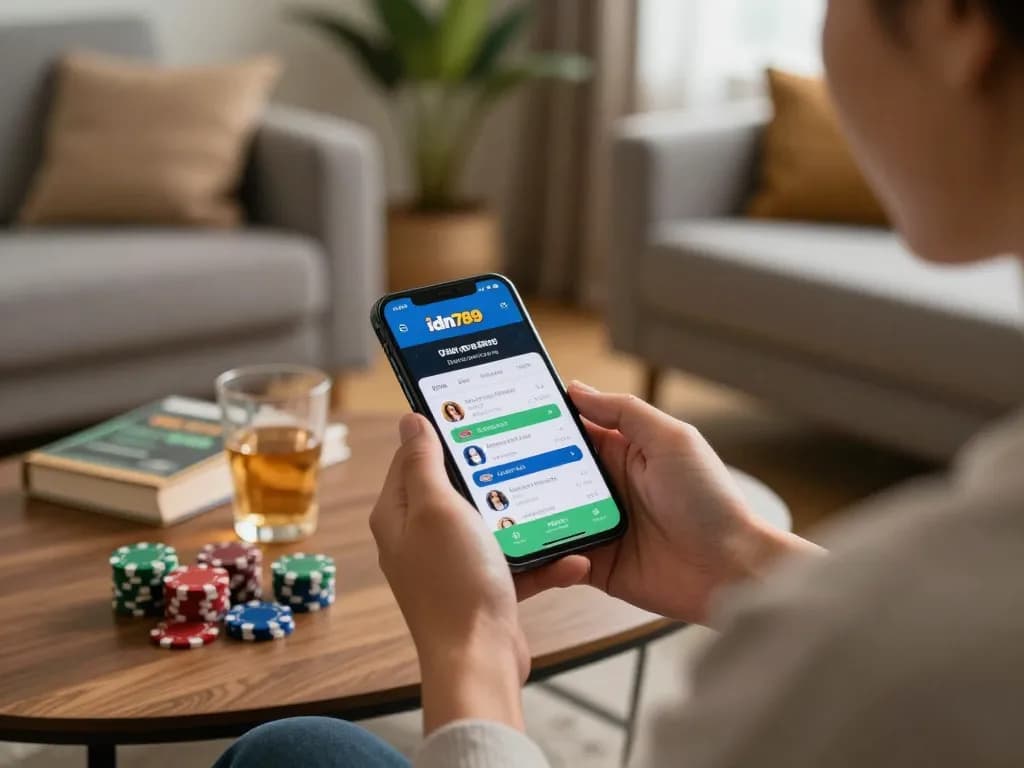 Berkelut dengan aplikasi kasino online idn789 di rumah, menampilkan suasana permainan yang bertanggung jawab.