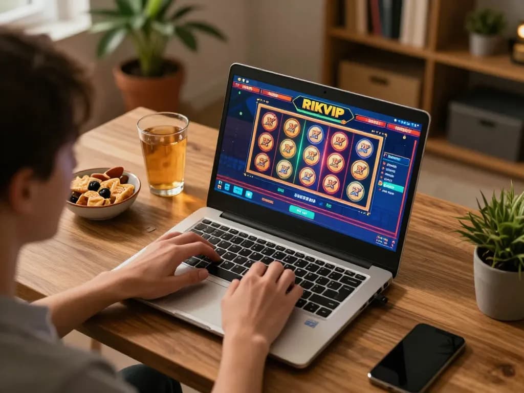Experience thrilling gameplay with RIKVIP in a cozy home setting featuring vibrant slots.