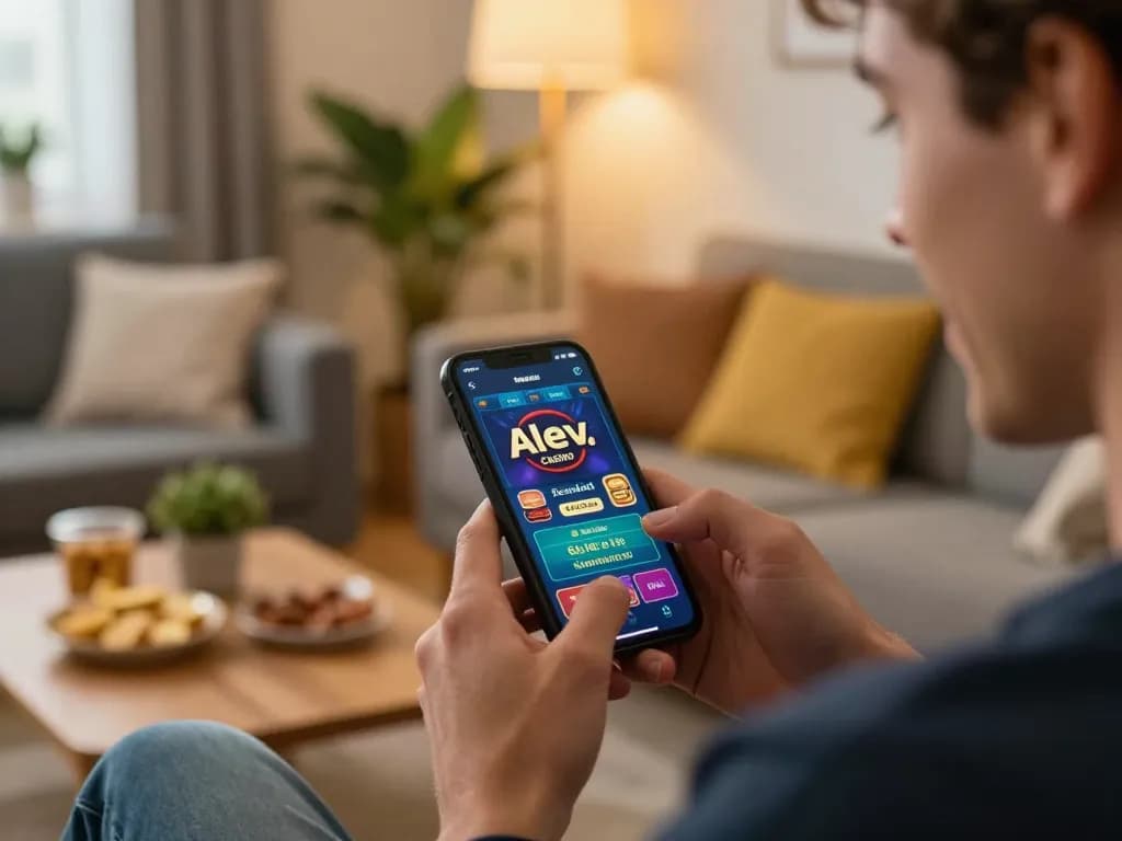 A player enjoying mobile gaming with Alev Casino 471 app in a vibrant home setting.