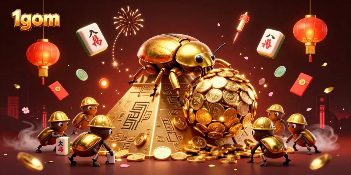 Interactive betting with 1gom showcases a golden beetle carrying coins amidst vibrant casino symbols.