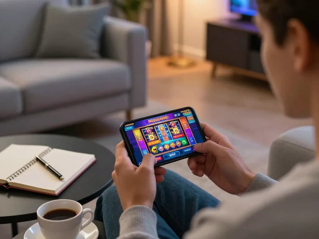 Engaging with mega888 apk on a smartphone in a cozy home environment, focusing on strategy and responsible gaming.