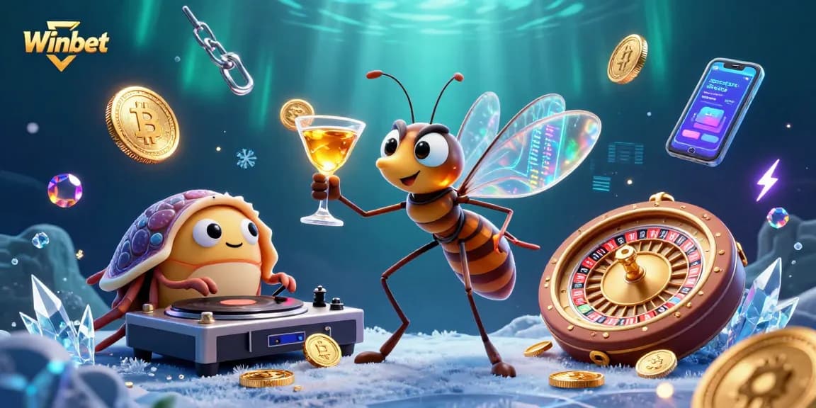Winbet showcases vibrant casino graphics with a playful mosquito mascot, perfect for gamblers.