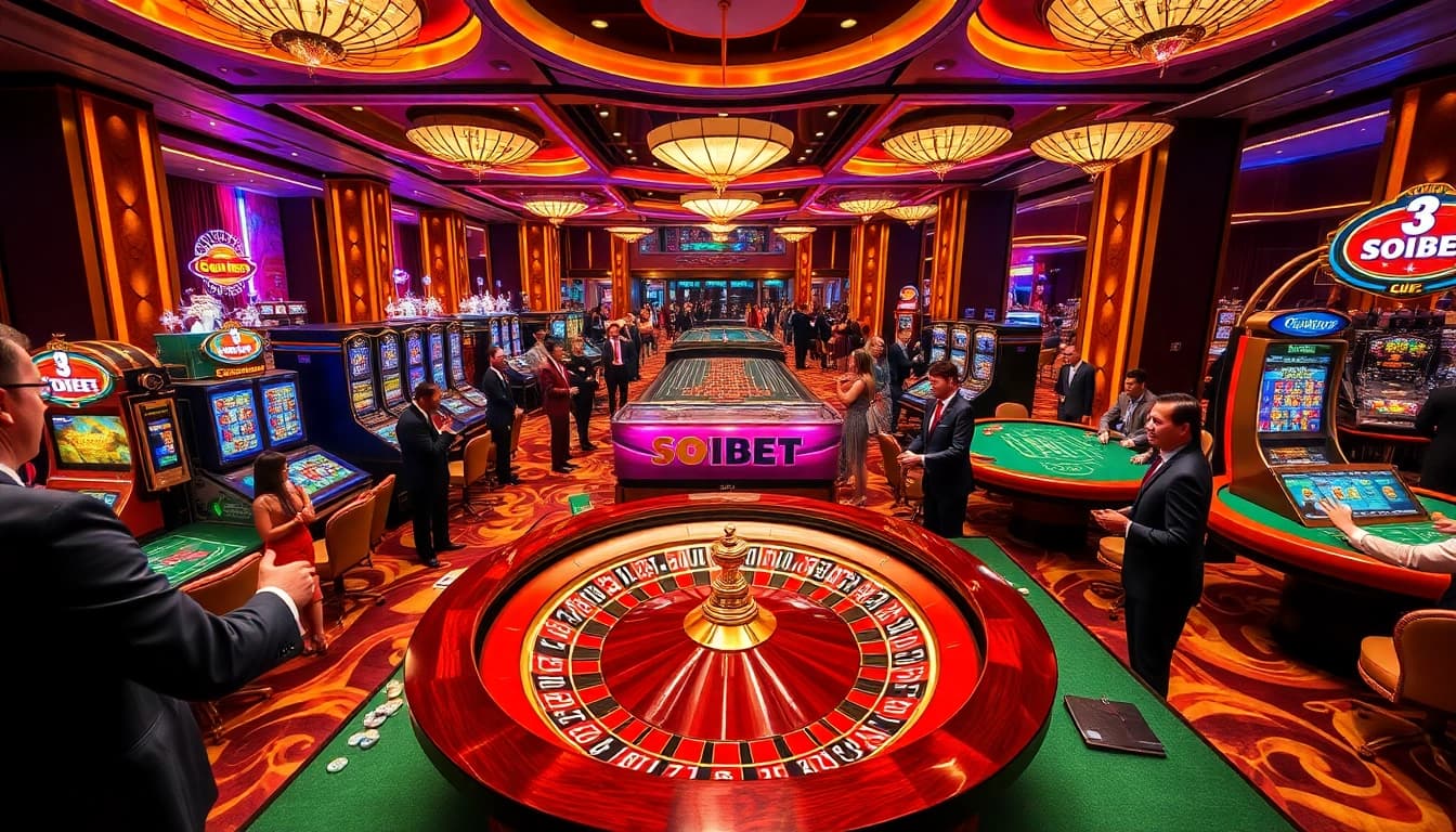 Exciting casino atmosphere at SOIBET featuring roulette, poker tables, and lively players.