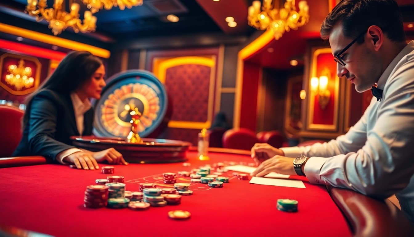 Luck8 players strategizing at a vibrant poker table with roulette in background.