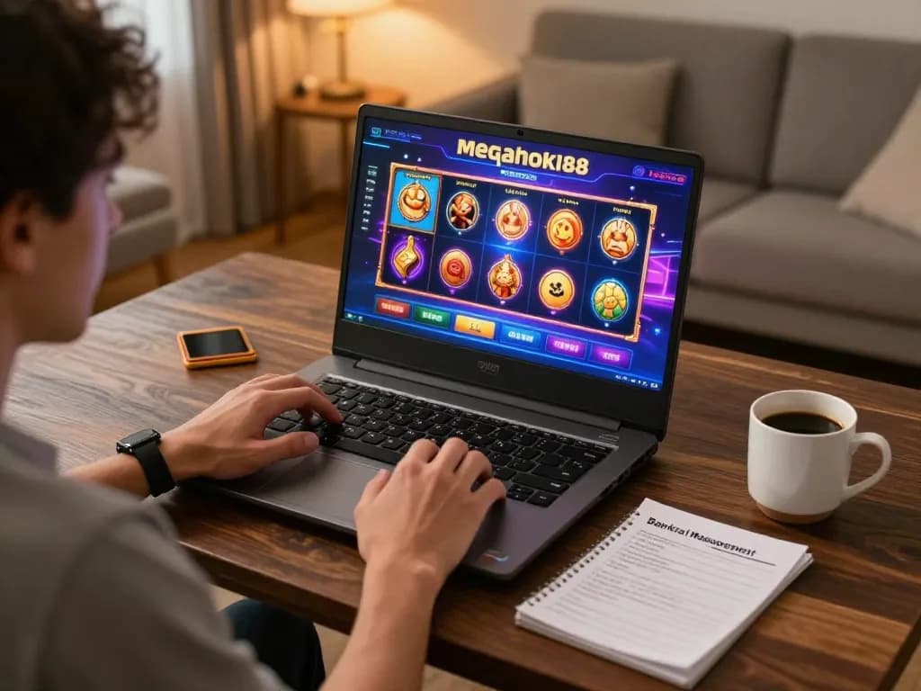 Engaged player exploring slot games on the megahoki88 platform, emphasizing strategic online gaming.