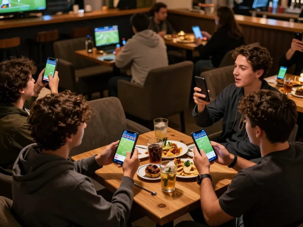 Cakhiatv sports fans engaging with live betting on smartphones amidst a lively bar.