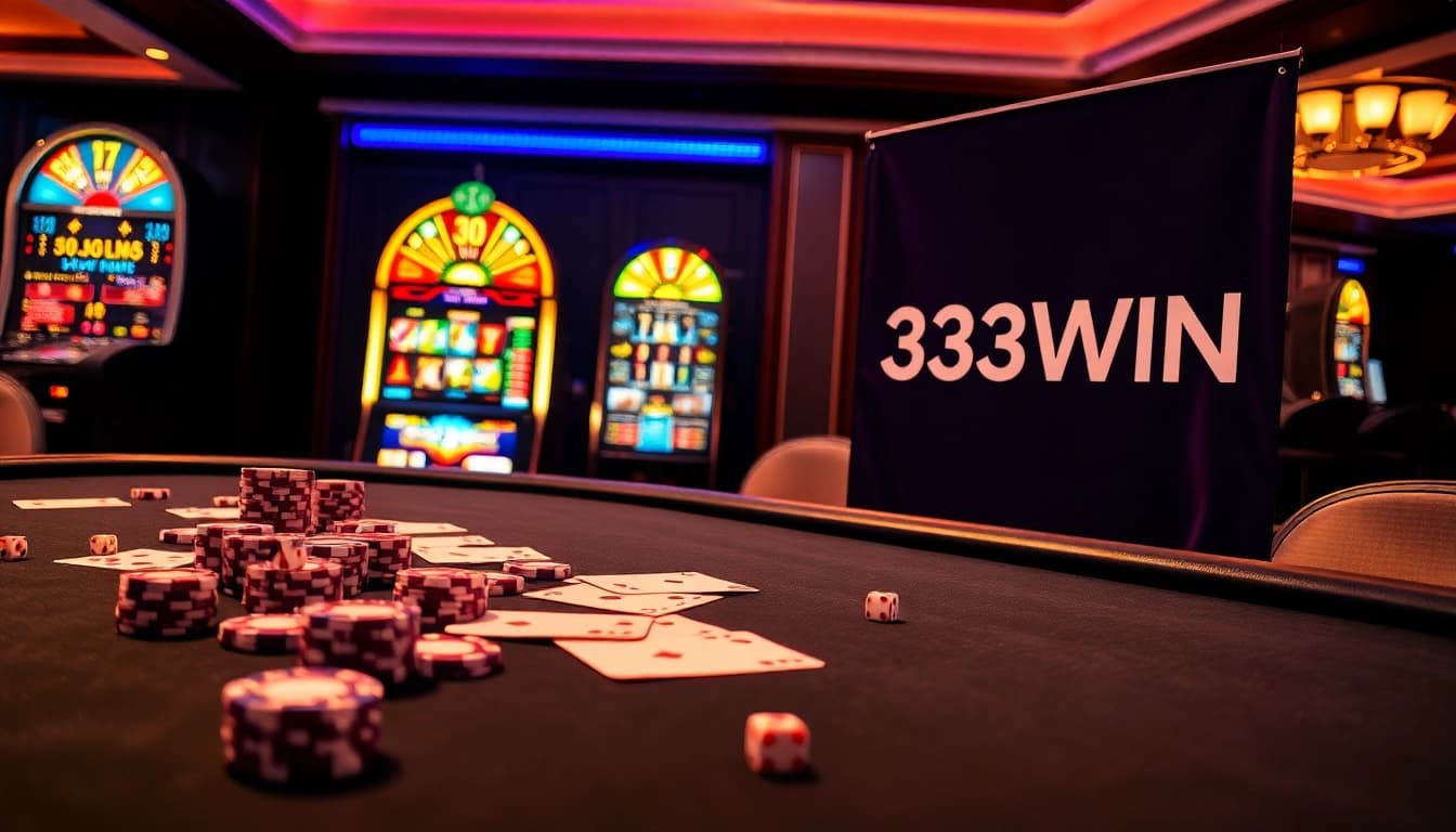 Experience the professional excitement of 33WIN casino games with poker chips and cards on a lavish table.