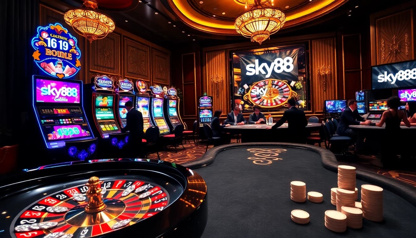Experience the thrill of gambling at sky888 with vibrant slot machines and poker tables.