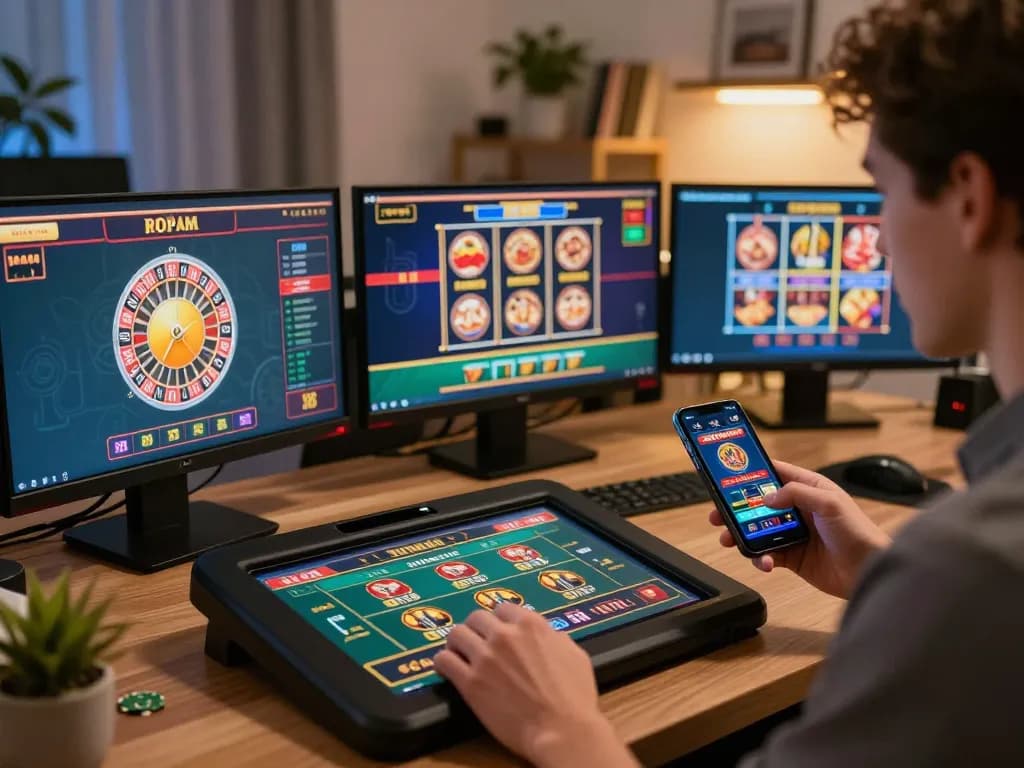Engaging in online casino gameplay with multiple screens, showcasing casino reviews at the dailystar ensuring strategic gaming choices.