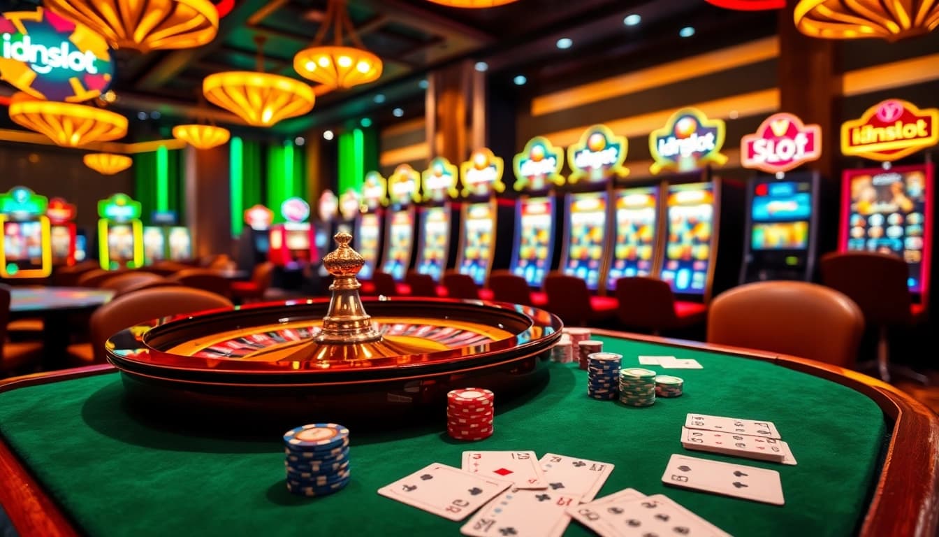 Experience excitement with idnslot at a glamorous casino table filled with colorful chips and a radiant roulette wheel.