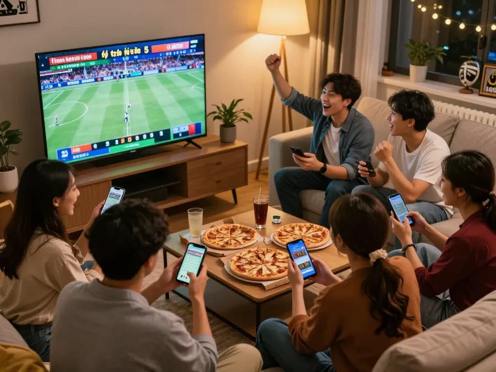 Watching sports while betting on tỷ lệ kèo nhà cái 5 with friends in a lively home setting