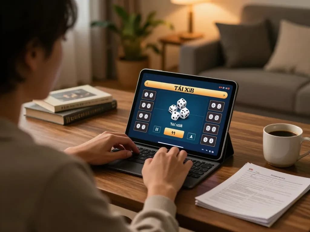 Tài xỉu online gameplay on tablet, showcasing betting options and dice rolls in a cozy home setup.
