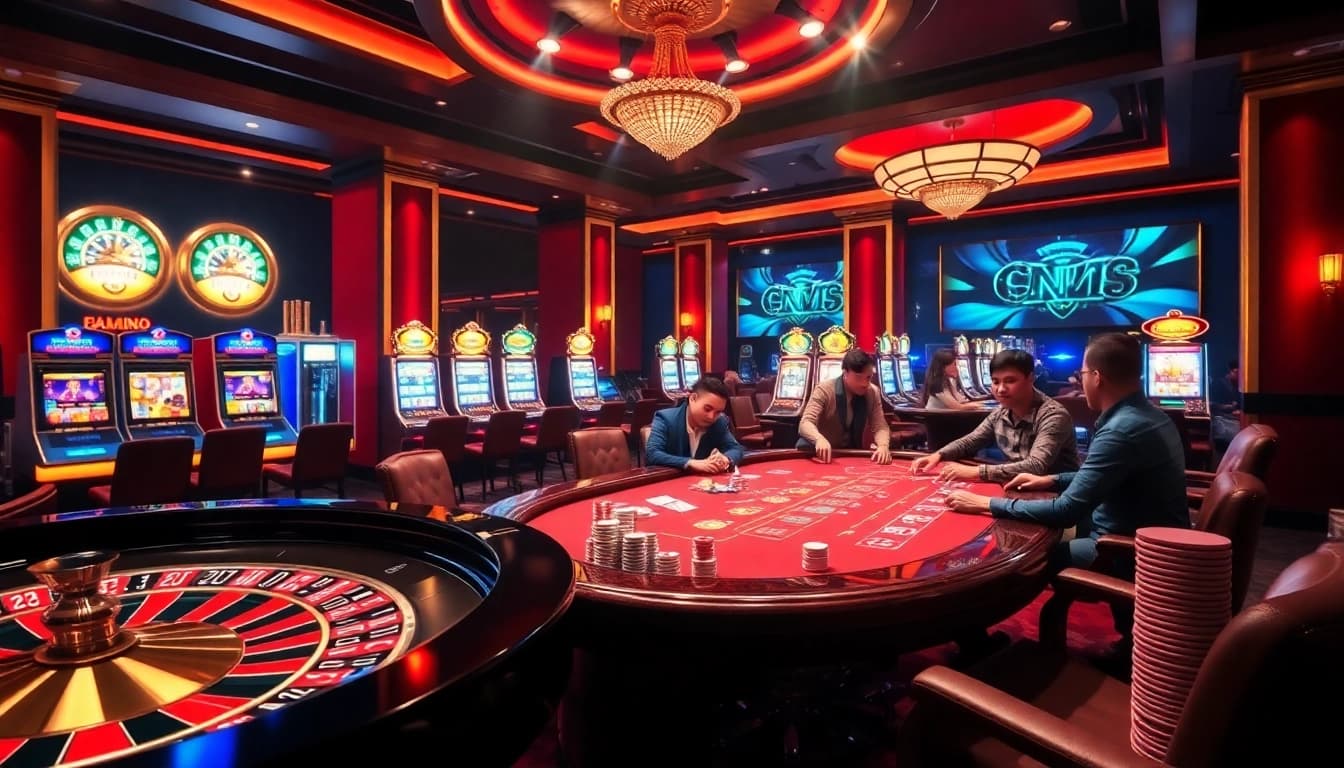 Engaging players enjoying premium online gambling at Nhà cái cm88 with a vibrant casino atmosphere.