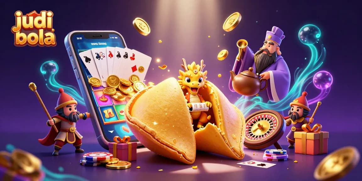 Engage in judi bola action with a giant fortune cookie and a wise dragon, showcasing thrilling casino elements.