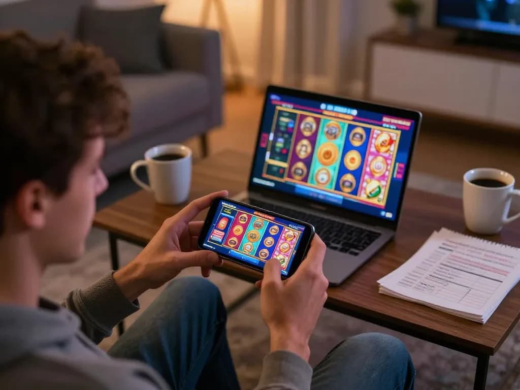 Player enjoying Gsc108 online slots on smartphone in a cozy living room, highlighting exciting gambling experience.
