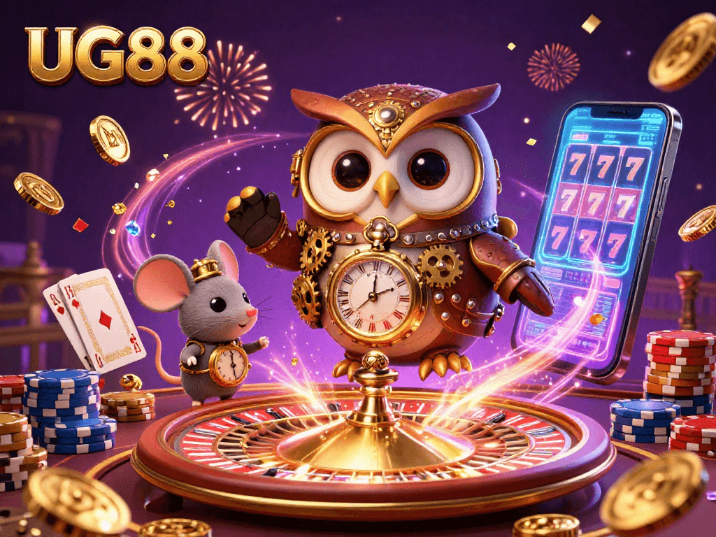 Join the action at UG88 with a dazzling scene of a time-traveling owl and casino elements amidst flying coins and a spinning roulette.