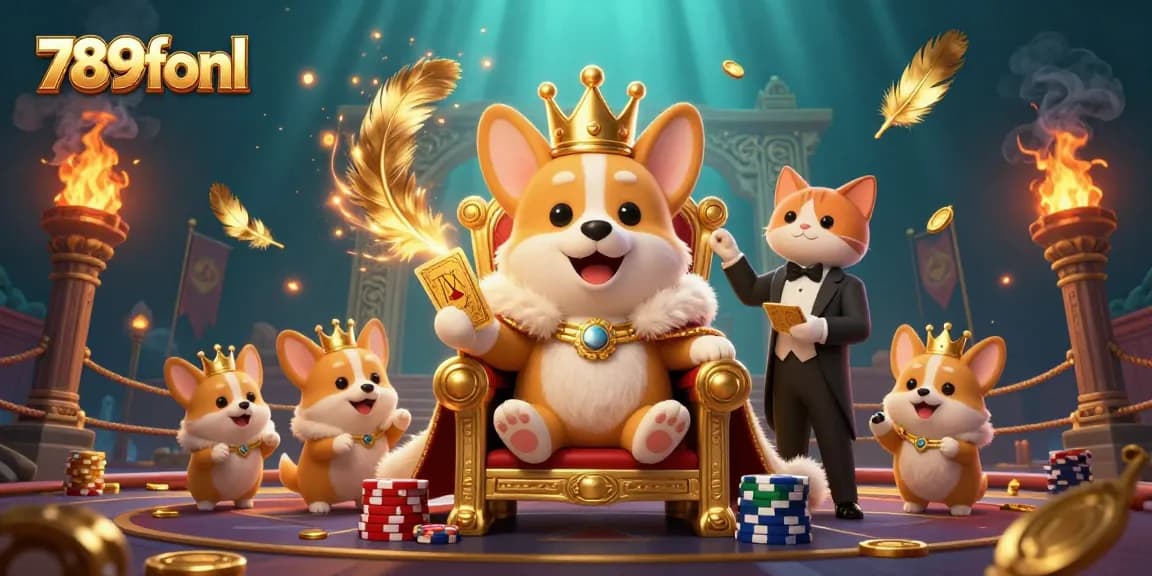 Experience the excitement at 789fonl with a royal corgi on a poker chip throne and vibrant casino elements.