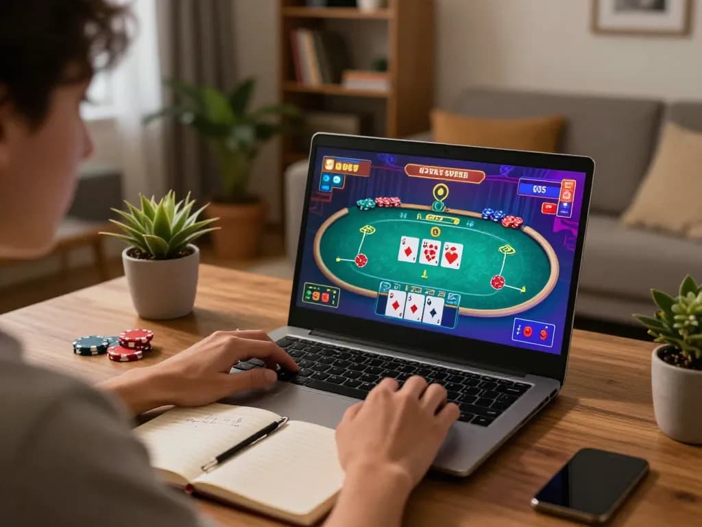Engaging in an online Rikvip poker game while strategizing with notes at home.
