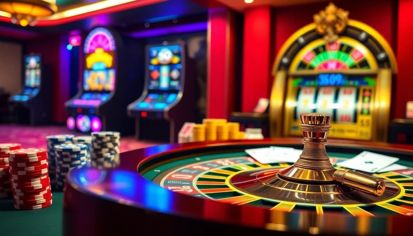 A vibrant casino scene featuring 58win's exciting roulette table and dynamic slot machine.