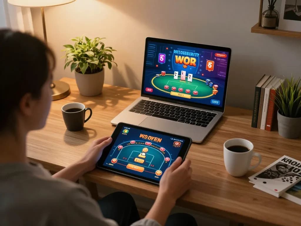 Player engaging in online SC88 casino gaming on a tablet, cozy home office atmosphere with warm lighting