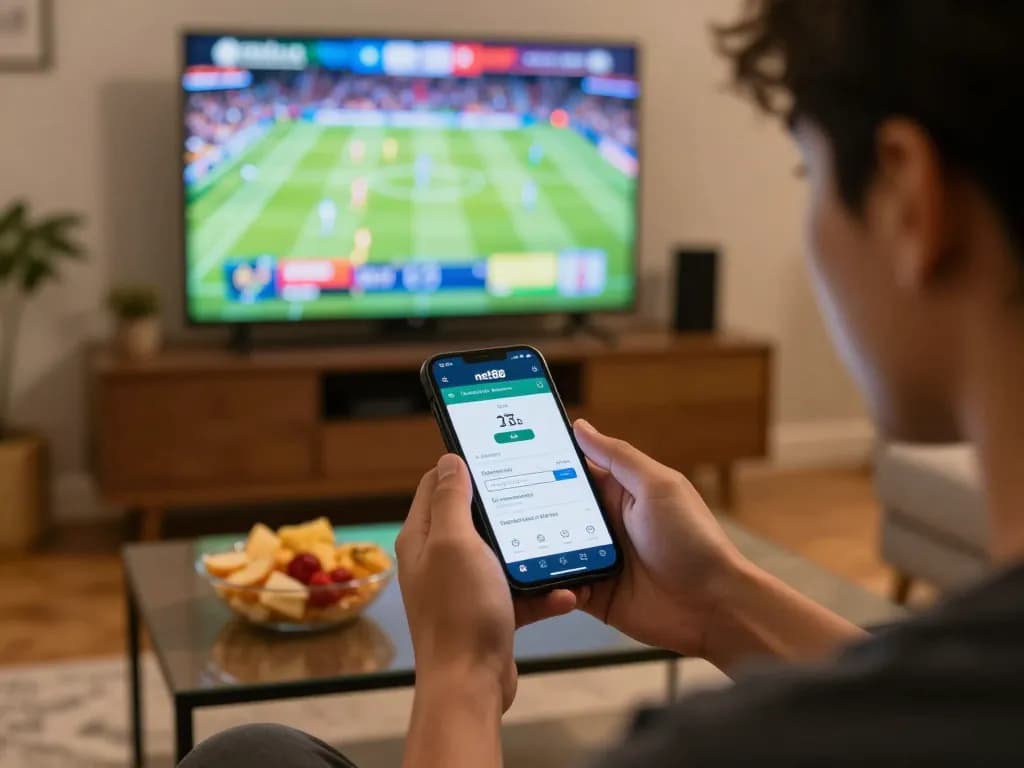 Player using net88 app for sports betting in a cozy home setting with excitement.