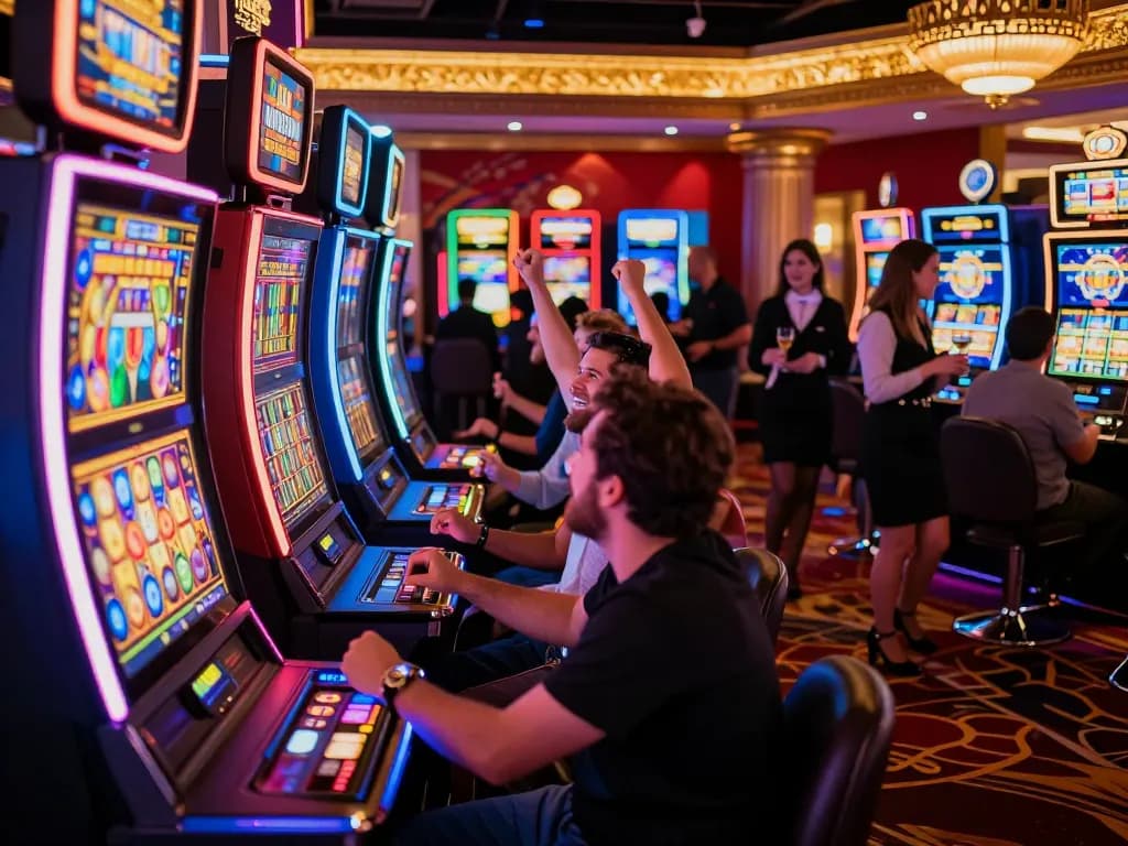 Players enjoying a lively casino atmosphere while celebrating wins at casinosscope slot machines