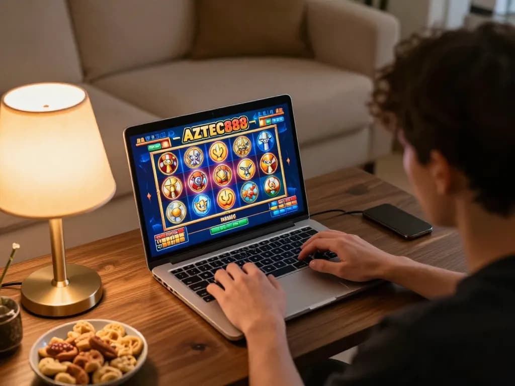 Person enjoying slot games on AZTEC888 from home, showcasing vibrant online gameplay.